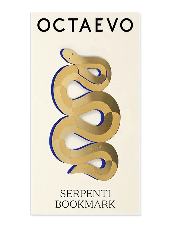 A vertical cream-colored book cover or card featuring the brand name OCTAEVO at the top and the text SERPENTI BOOKMARK at the bottom, with a stylized gold snake wrapped around the center and a thin blue outline.