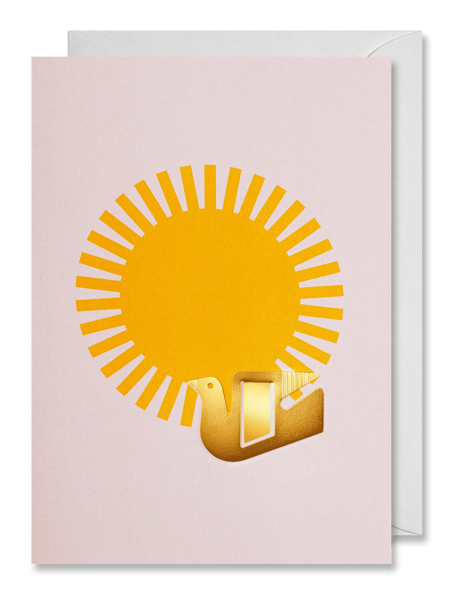 A greeting card with a pale pink background, featuring a yellow sun and a gold bird holding a letter, shown with a white envelope behind it on a dark green background.