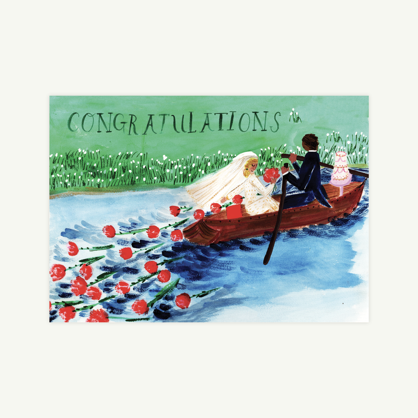 Wedding card with a bride and groom in a boat on water, surrounded by flowers, with 'Congratulations' text above.