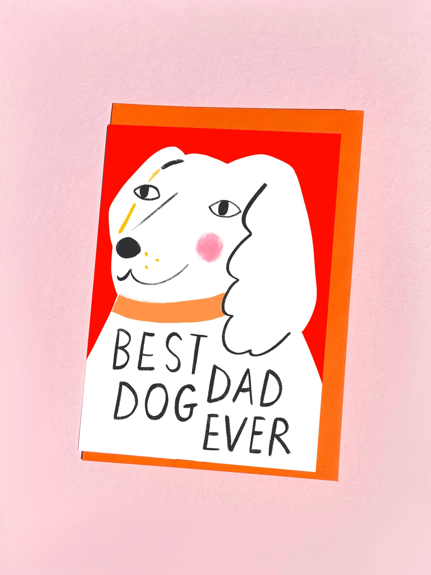 Card with a dog illustration and 'Best Dog Dad Ever' text on a pink background