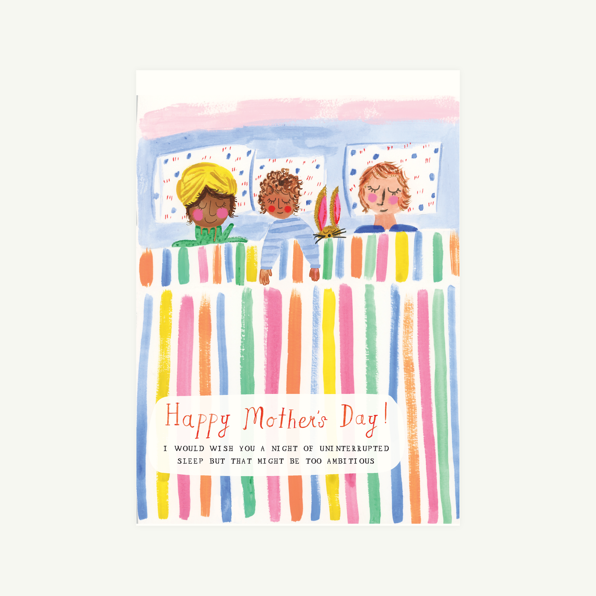 Mother's Day card with children at a birthday party illustration and colorful text.