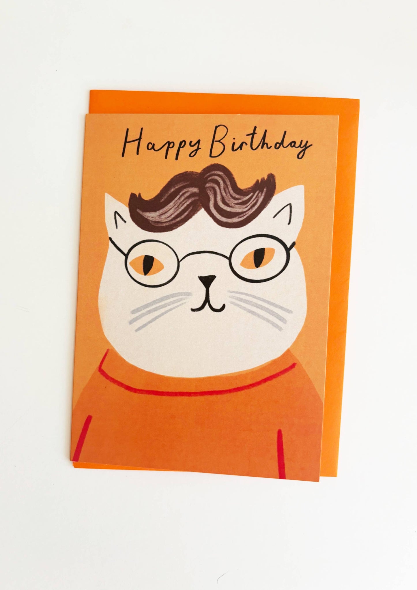 Birthday card with a cat illustration and 'Happy Birthday' text on an orange background