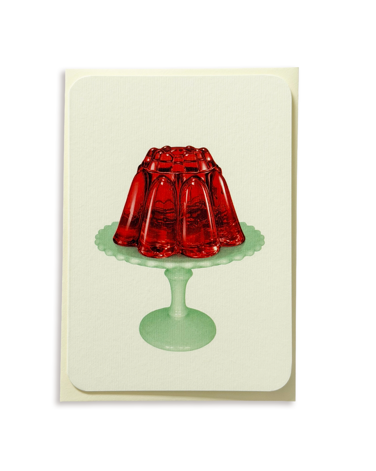 Greeting card with red jelly on a green stand design on a beige background