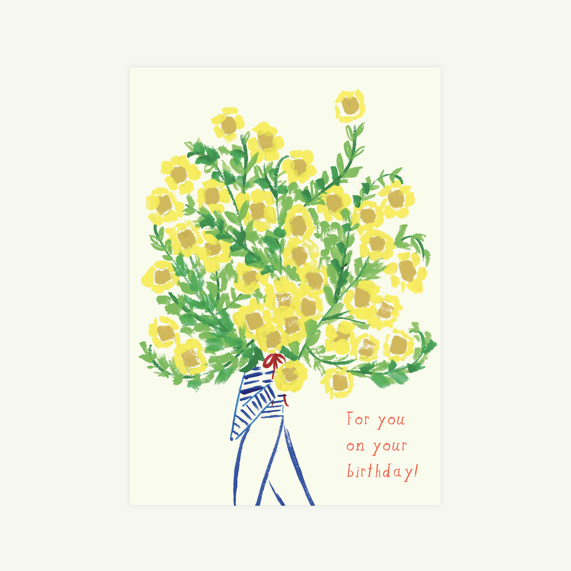 Greeting card with a person holding a large bouquet of yellow flowers and text 'For you on your birthday!'